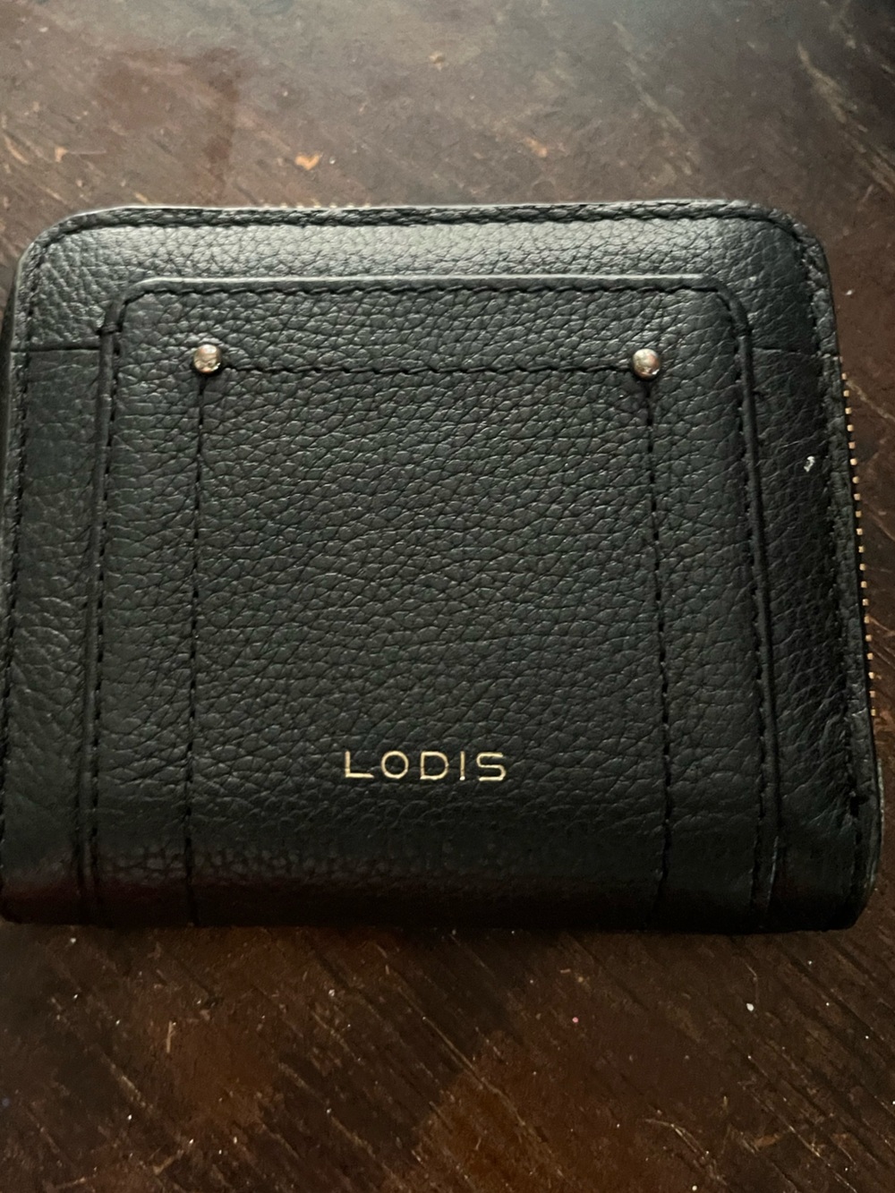 Lodis Black Pebble Leather Zip Card Holder with Gold Accents